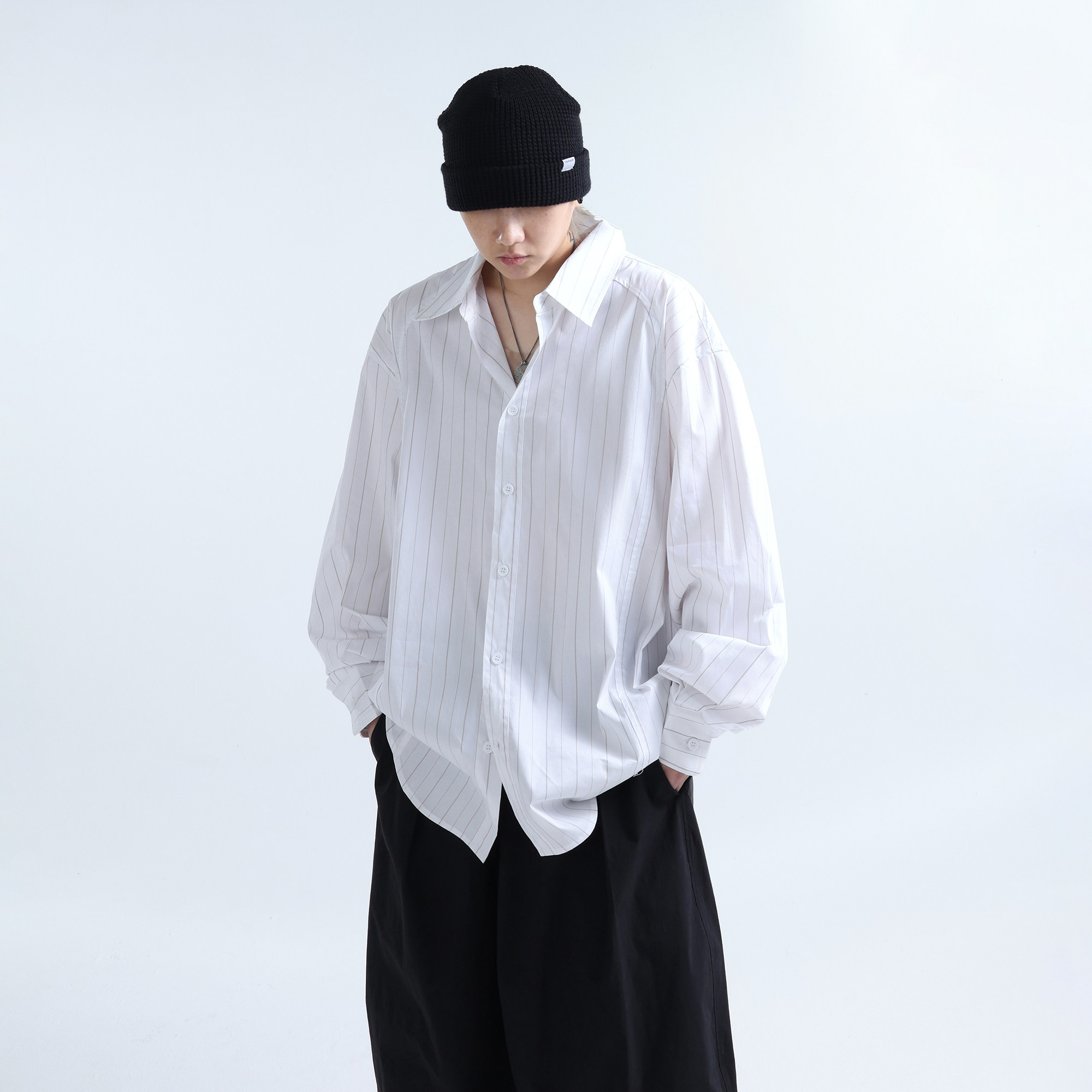 GRNL 衬衫控闭眼入 基础超大版廓形男女款清冷灰调撞色细条纹衬衫