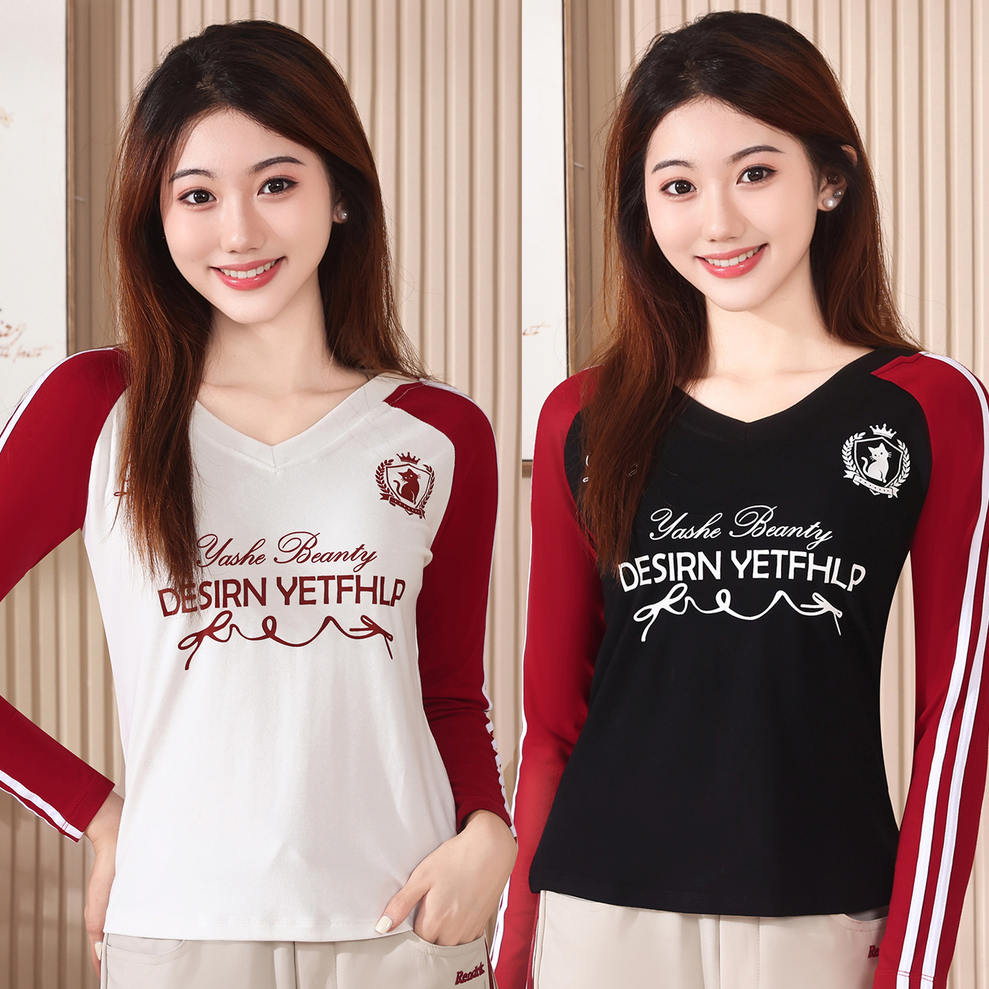 秋季新款女士广场舞服装上衣V领长袖运动健身休闲服螺纹棉舞蹈衣