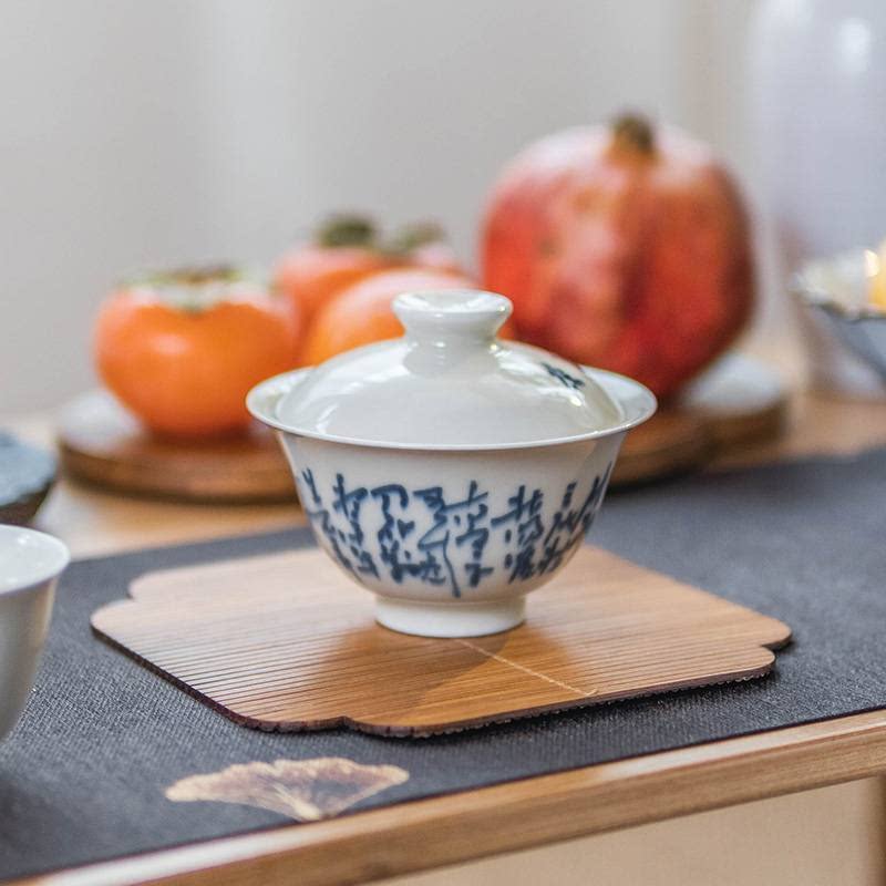 草木灰手工薄胎陶瓷七碗茶诗青花矾红盖碗泡茶碗定制原创设计款