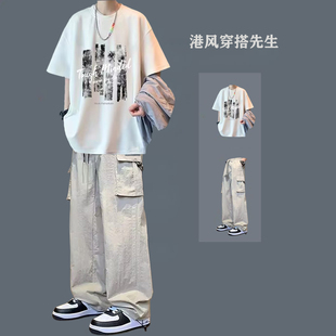 短袖T恤套装男ins潮牌青少年男装一套搭配冰丝休闲长裤时髦两件套