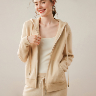 空气层!加厚山羊绒开衫女冬季款拉链连帽针织衫带兜外套拉链帽衫