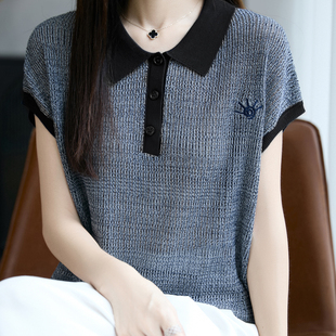 设计套头衫 夏季 女士POLO领针织三分袖 新款 舒适轻薄感天丝短袖