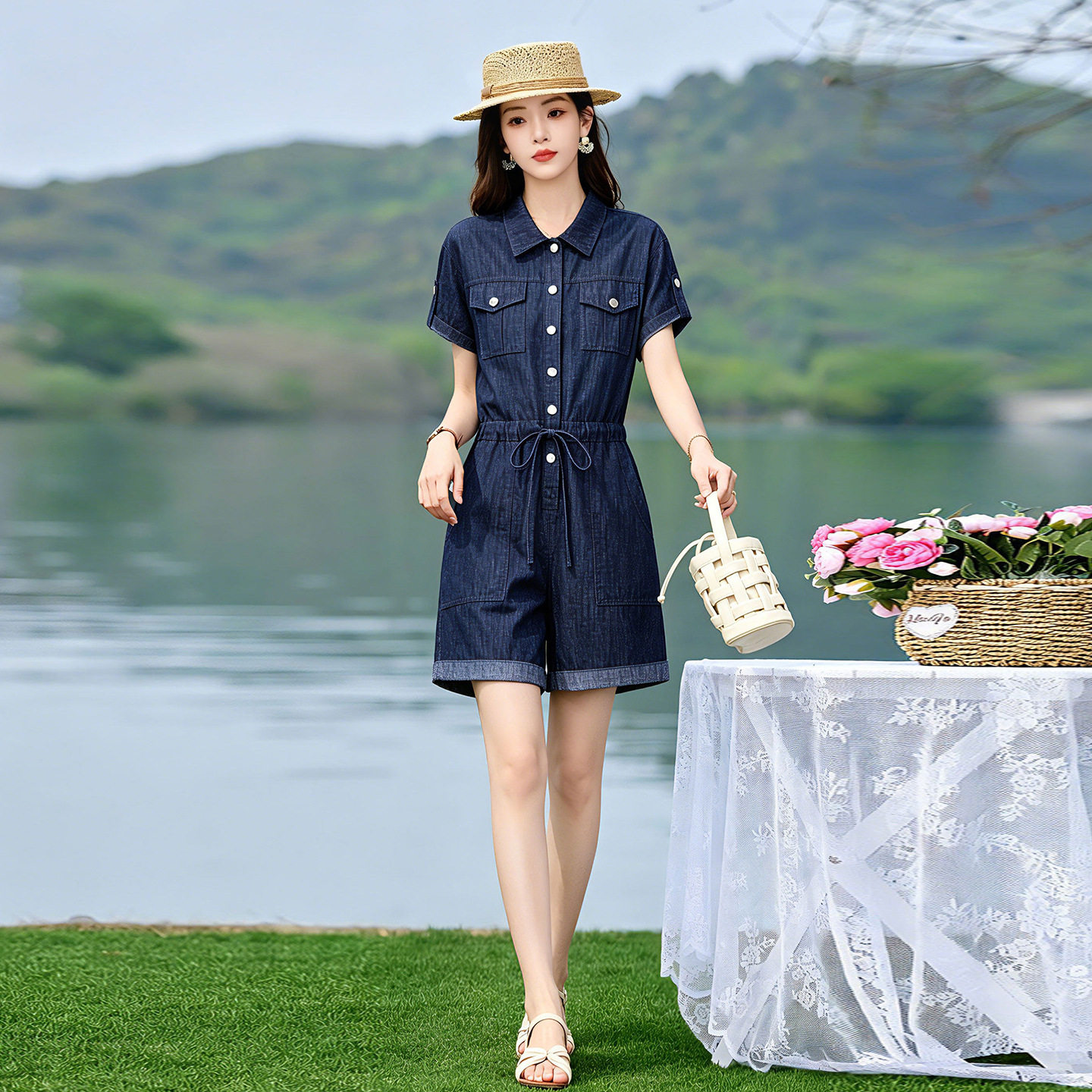 短袖牛仔连体裤短裤女夏季薄款2026新款轻奢设计感小个子气质显瘦