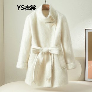 高端拉毛羊绒大衣女立领毛呢大衣女中长款腰带收腰高贵气质厚外套