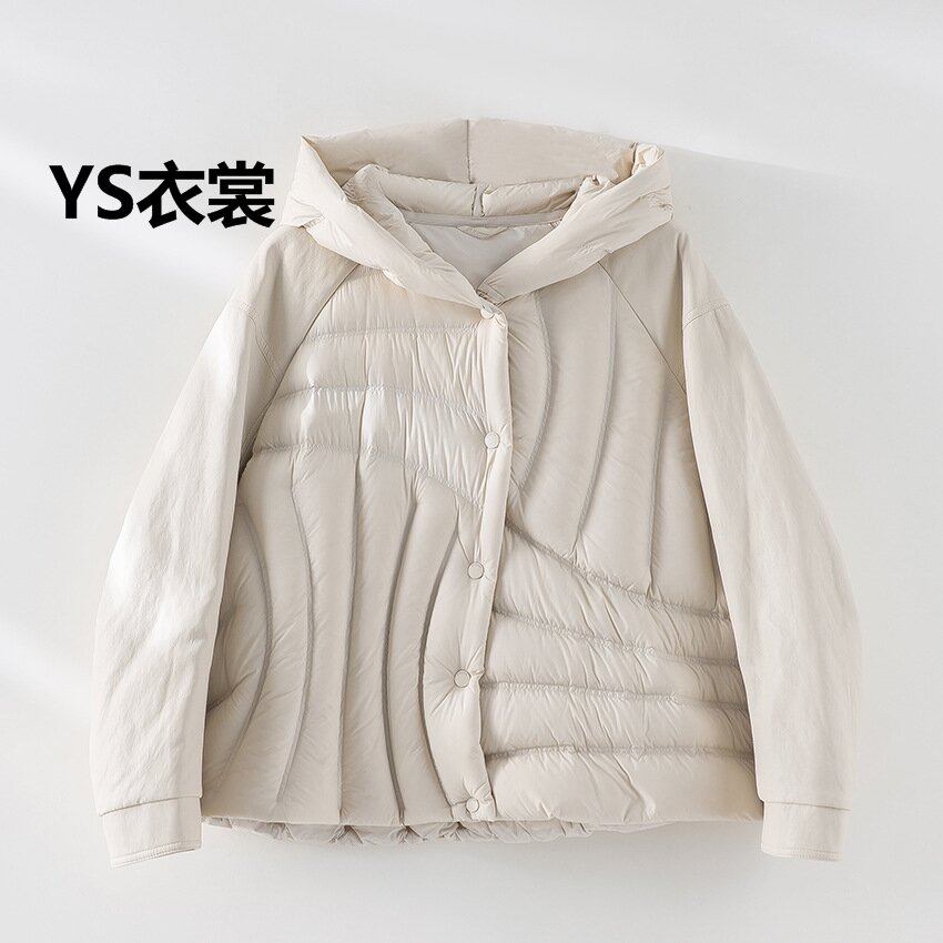 短款连帽云朵泡芙90三花白鹅绒羽绒服女拼接高级感小个子保暖外套