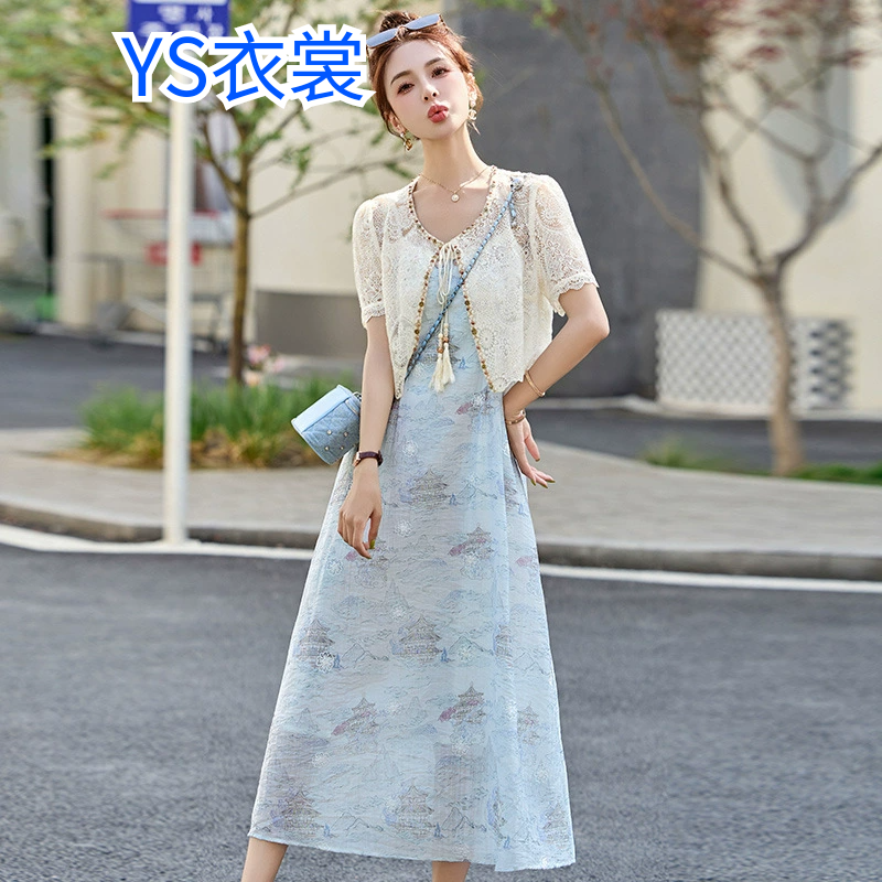 新中式套装女夏季2025设计感国风印花吊带裙两件套真丝短袖连衣裙