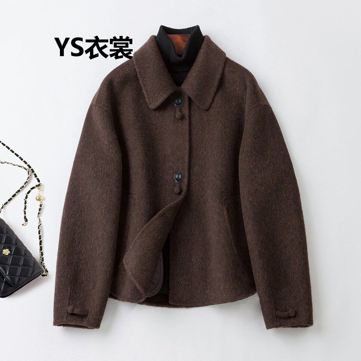 2025新款高级感手缝双面羊绒大衣女短款小个子显瘦新中式毛呢外套