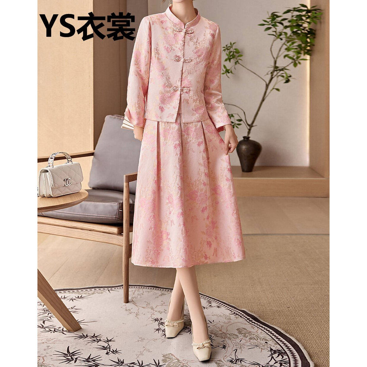 新中式国风提花套装裙女2026春秋新款设计感气质盘扣半身裙两件套