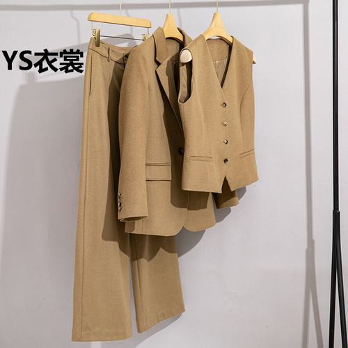 2026早春高端羊毛西装三件套女英伦职业马甲醋酸阔腿裤小西服套装
