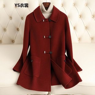 新中式国风双面羊绒大衣女式小个子复古中长款毛呢外套红色高级感