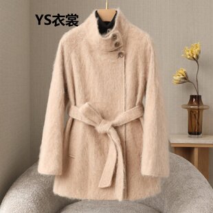 高端水洗拉绒山羊绒大衣女2025秋冬新款短款立领系带羊毛呢外套女