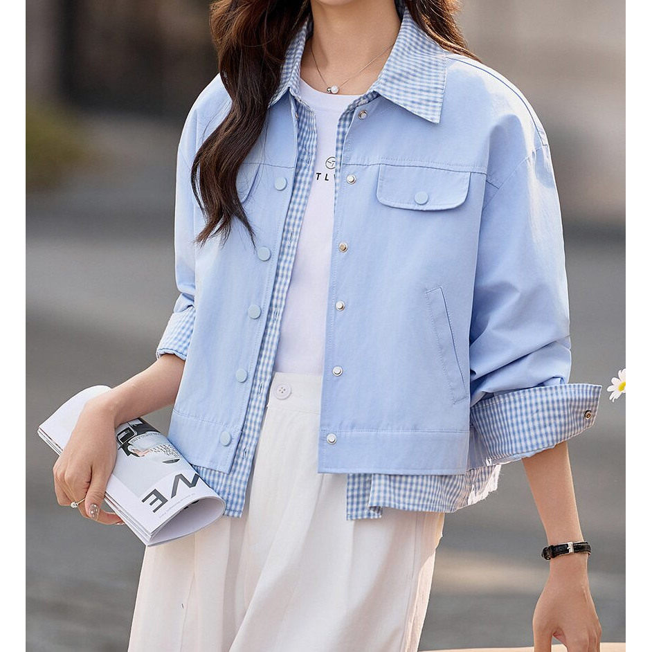 假两件格子拼接短外套女2026春秋新款高端休闲百搭小个子夹克上衣