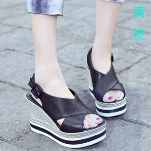 潮百搭舒适鱼嘴超高跟罗马凉鞋 女真皮厚底松糕鞋 坡跟凉鞋 2024新款