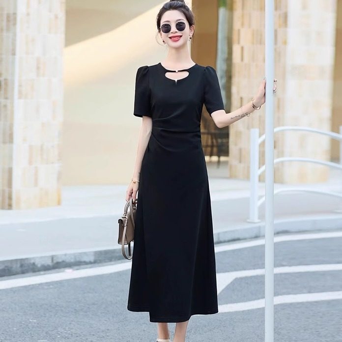 大码300斤女装中长款连衣裙2025新款赫本风夏季收腰显瘦开叉裙子