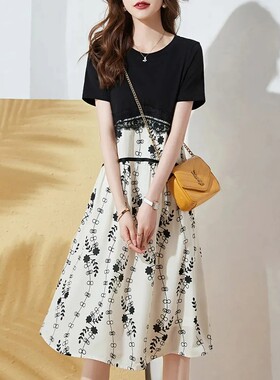 大码300斤夏季新款韩版拼接假两件胖mm连衣裙2024宽松显瘦裙子女
