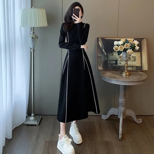 大码女装300斤中长款连衣裙春秋冬2024新款气质显瘦小众小黑裙子