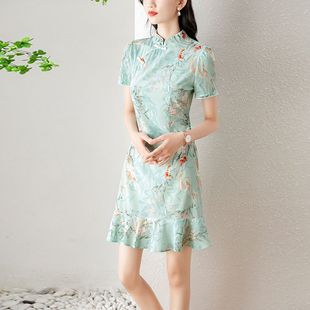 300斤女装 复古改良旗袍中长款 新中式 新款 连衣裙 国风裙子夏季 大码