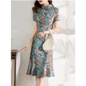 改良旗袍大码 300斤裙子女2024夏显瘦遮肉中长款 碎花民族风连衣裙