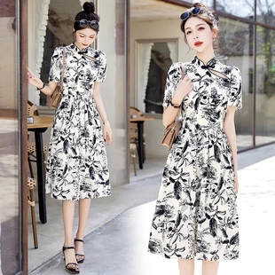 连衣裙夏季 中国风改良旗袍中长款 复古胖MM遮肉裙子 300斤女装 大码