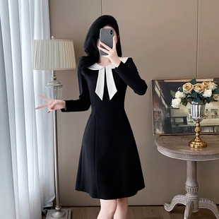 加绒法式大码300斤女装连衣裙春秋冬季收腰显瘦撞色小黑打底裙子
