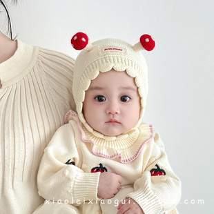 小月龄宝宝帽子秋冬季 可爱蘑菇婴儿毛线帽防风护耳婴幼儿包头帽潮