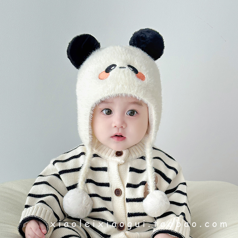 冬季宝宝帽子可爱熊猫毛绒护耳帽保暖婴儿针织帽男女童外出防风帽