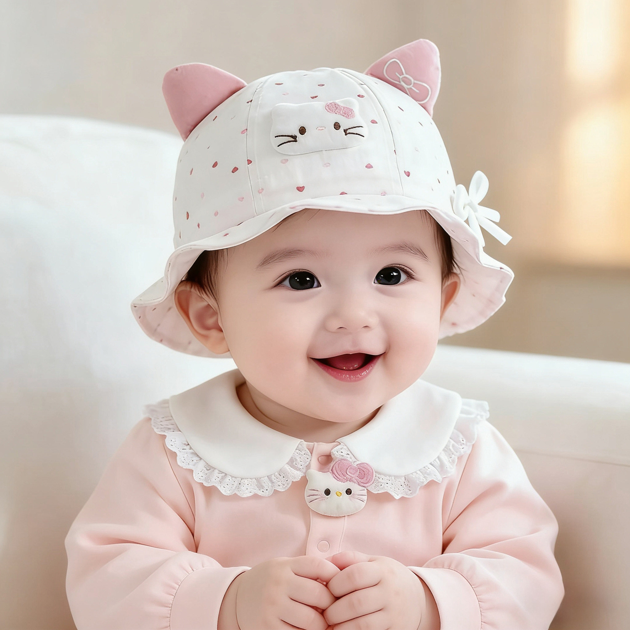 婴儿帽子春秋季可爱猫咪女宝宝防晒遮阳帽薄款可调节婴幼儿渔夫帽