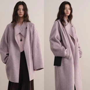 冬季 重磅驼绒轻盈保暖简约系带大翻领羊毛双面毛呢大衣外套女 新款