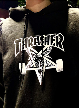 【超级折扣】Thrasher 美版 火焰机车羊角赛车Logo加绒卫衣帽衫