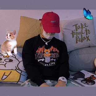 【限定】Thrasher Alley Cats 美版 流浪猫鱼骨火焰薄款长袖T恤