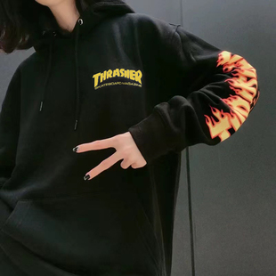 【超限定】Thrasher 美版新款手臂火焰加绒连帽卫衣帽衫男女情侣