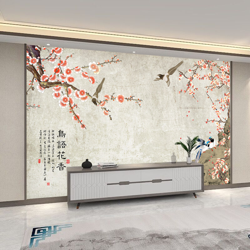 墙纸定制中式3d立体石榴花鸟电视背景墙壁纸客厅壁布卧室墙布壁画