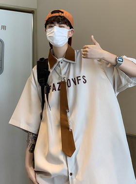 美式学院风复古西装领带衬衫外套男女夏宽松ins潮牌痞帅工装衬衣