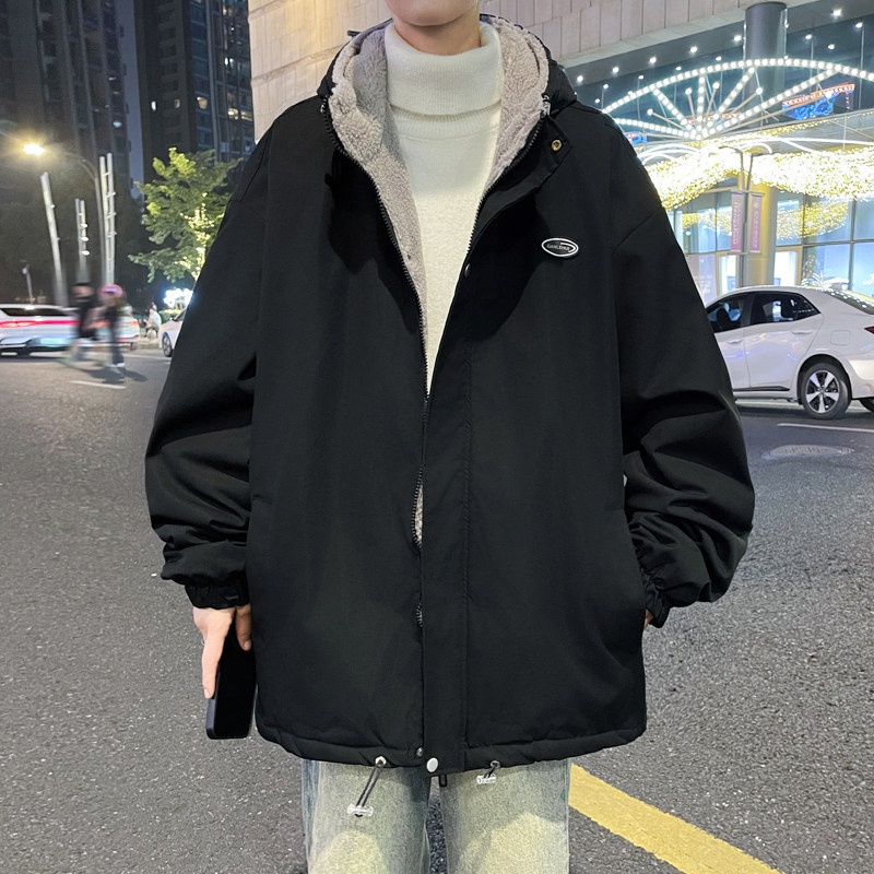 青少年加绒外套男秋冬款休闲加厚棉服潮牌羊羔绒棉衣潮流加厚棉袄