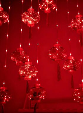 2026新年LED太阳能彩灯红灯笼福字装饰阳台窗帘氛围房间布置庭院