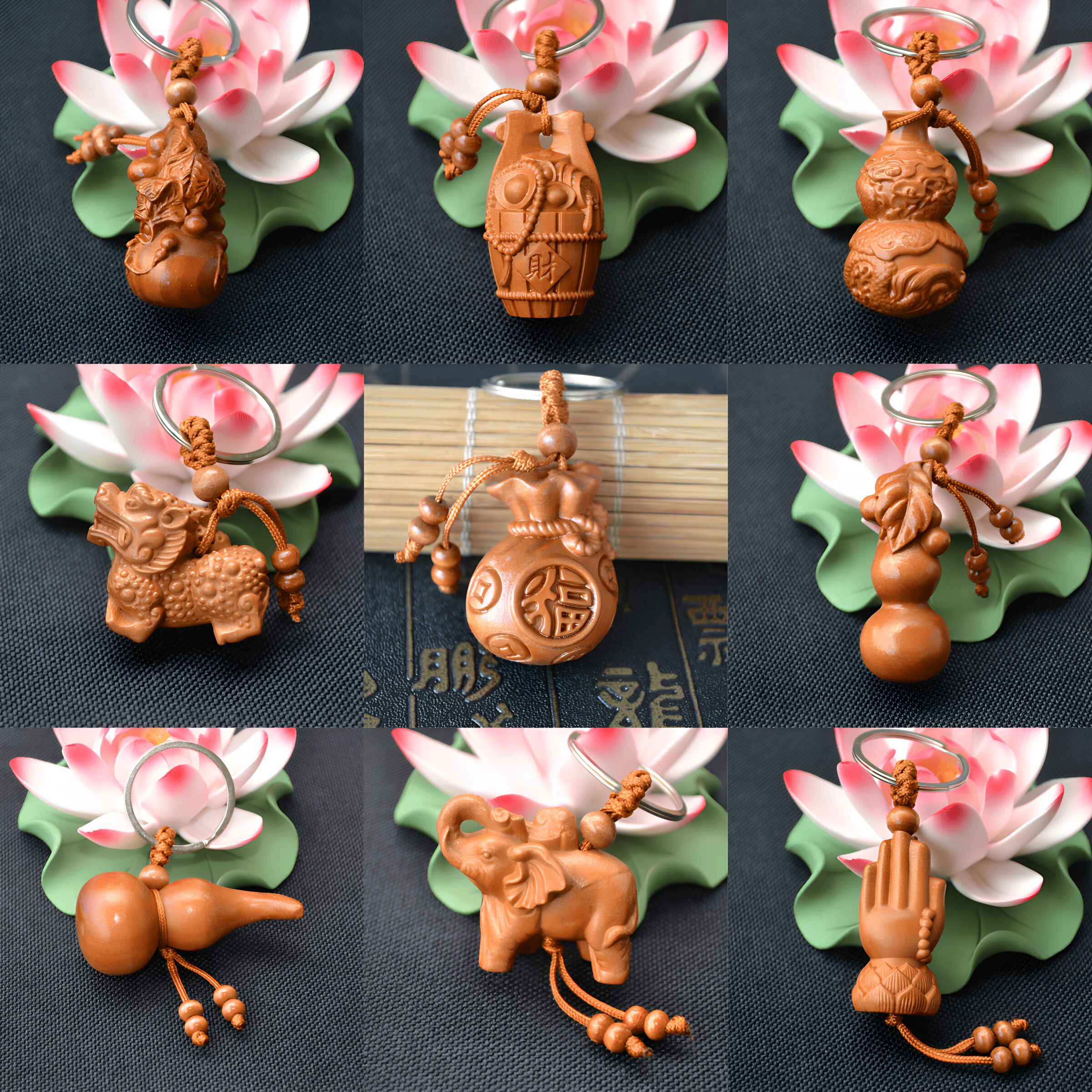 桃木立体钥匙扣木雕貔貅葫芦福袋吉祥物挂件汽车钥匙扣链挂饰礼物