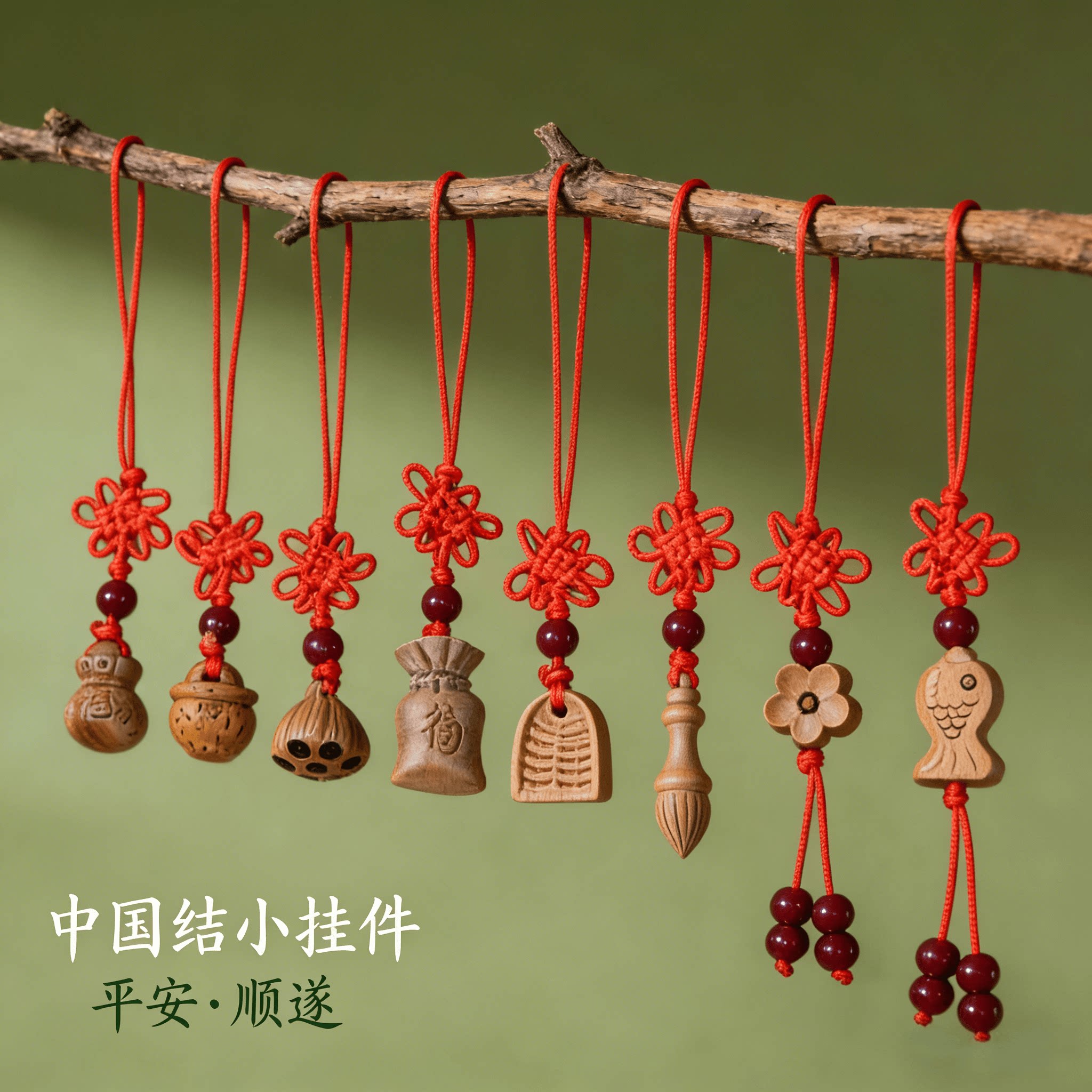 中国风桃木中国结手机链梅花福袋文昌吉祥物挂件挂绳男女钥匙扣链