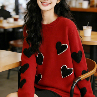 韩版爱心亮片钉珠毛衣女红色圆领长袖针织上衣显瘦