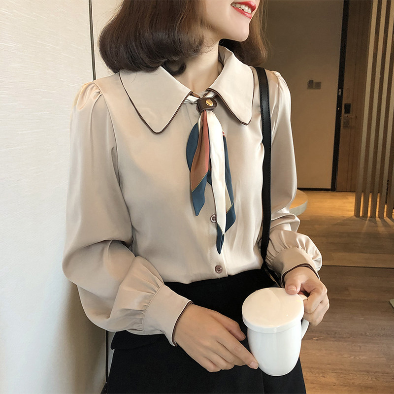 简约女长袖洋派丝带内2023韩衬衫