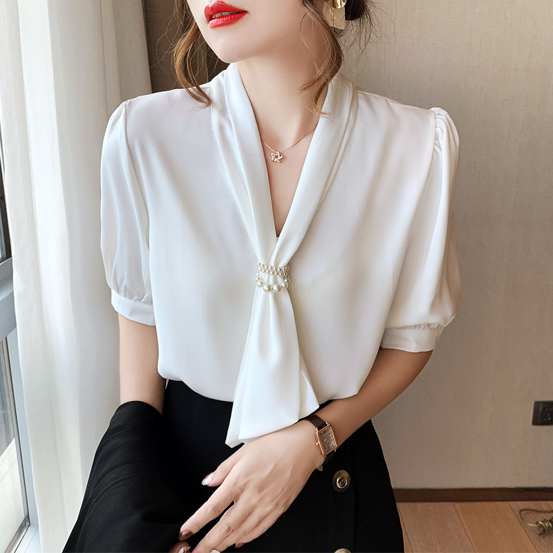 领V百搭韩版女士上衣设计白衬衫职业雪纺衫短袖感小众女夏季衬衣