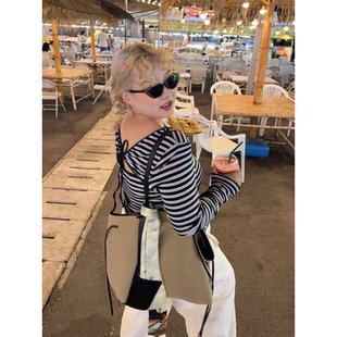 AZHOUSDAY阿周家微胖大码露背系带条纹长袖T恤女春季圆领体恤上衣