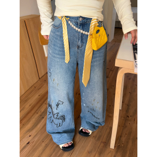子 重工印花喷绘水洗阔腿牛仔裤 AZHOUSDAY阿周家 嬉皮小马宝莉