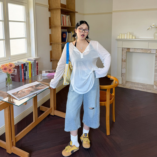 阿周家大码微胖破洞牛仔7分裤夏季胖MM小心机设计感显瘦阔腿裤