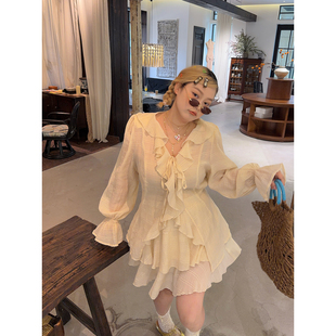 蛋糕裙套装 阿周家 上衣 重工天丝荷叶边收腰开衫 香颂千金girl