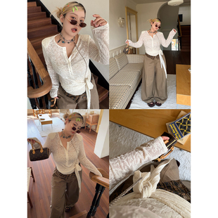 上衣 重工浮雕刺绣蕾丝绑带蕾丝衫 AZHOUSDAY阿周家 中古小蛮腰