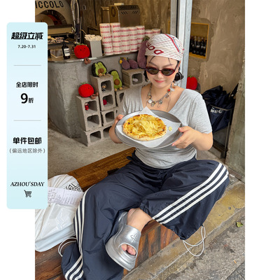 阿周家大码微胖女装设计感chao薄速干裤夏季胖MM宽松显瘦百搭长裤