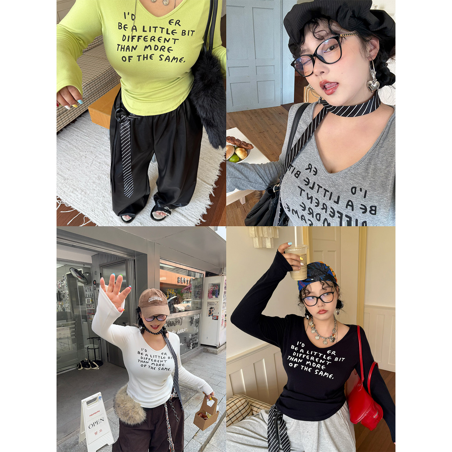 阿周家大码微胖秋季chao柔羊绒蛋白印花打底衫女高弹力送条纹领带