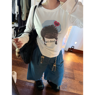 阿周家大码微胖白色圆领长袖T恤女秋季胖MM设计感百搭上衣有垫肩