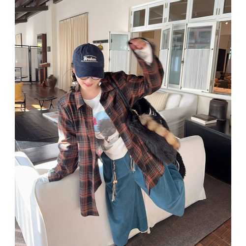 阿周家大码微胖纯棉格子衬衫女秋季胖MM设计感显瘦百搭上衣有垫肩