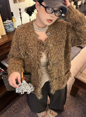 阿周家【香香老钱派】30羊毛重工chao厚流苏边拉毛香风毛衣外套